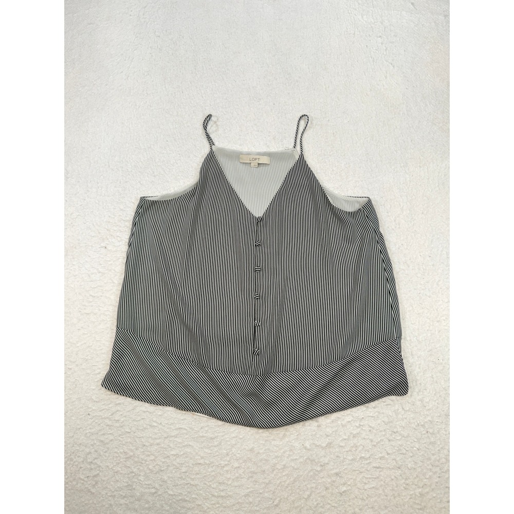 LOFT Womens Black White Striped V-Neck Button Front Cami Tank Top Large